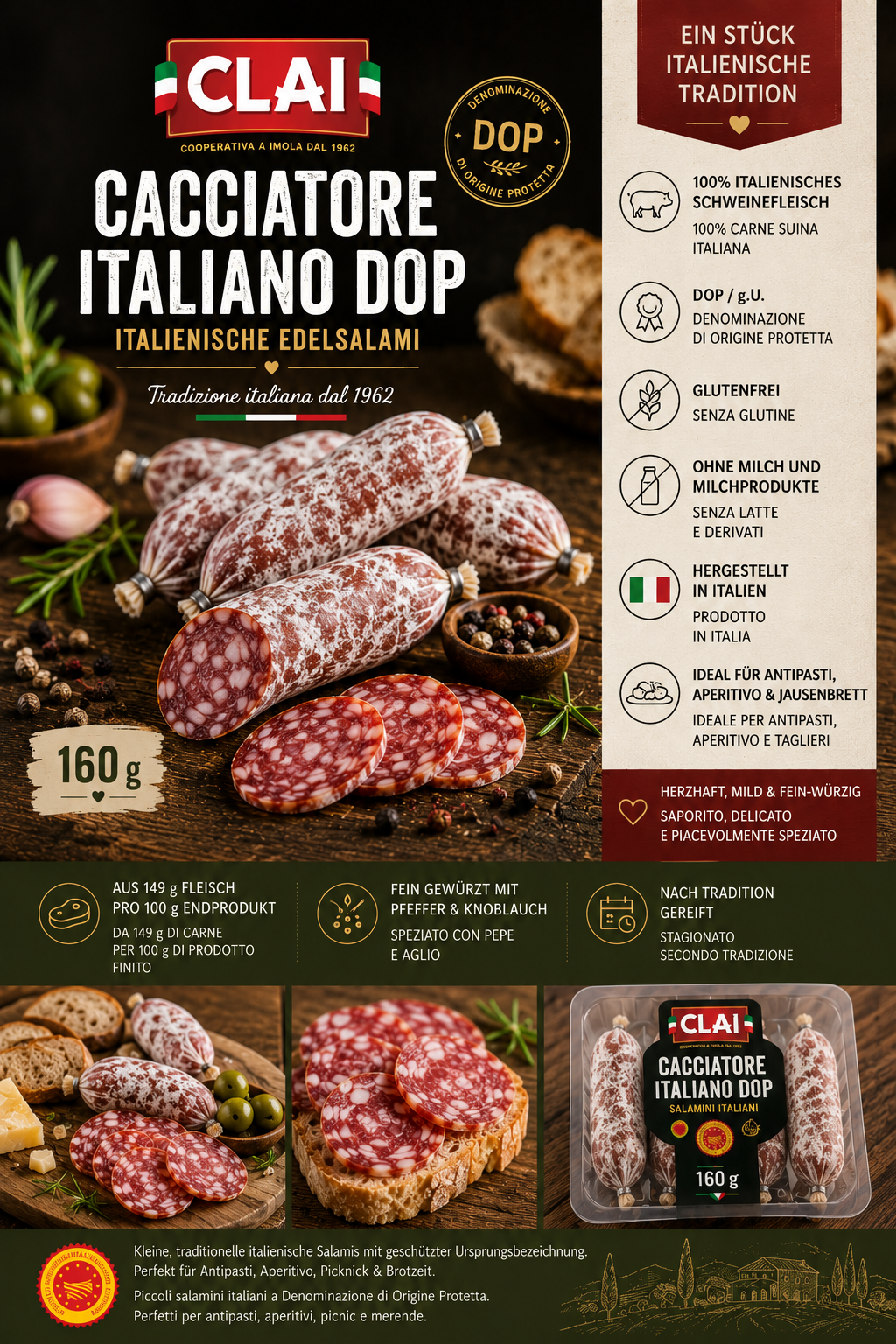 CLAI Cacciatore Italiano DOP - Italienische Edelsalami 175 g