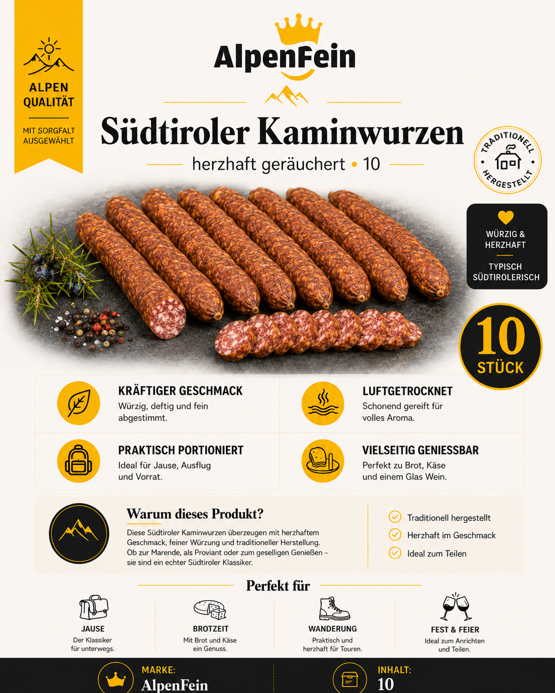 AlpenFein Südtiroler Kaminwurzen - 10 Stück ca. 700g