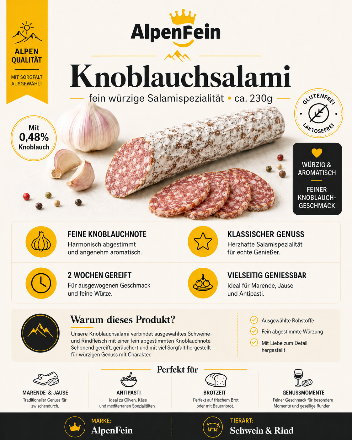 AlpenFein Knoblauchsalami - Salami mit Knoblauch aus Südtirol ca. 230g