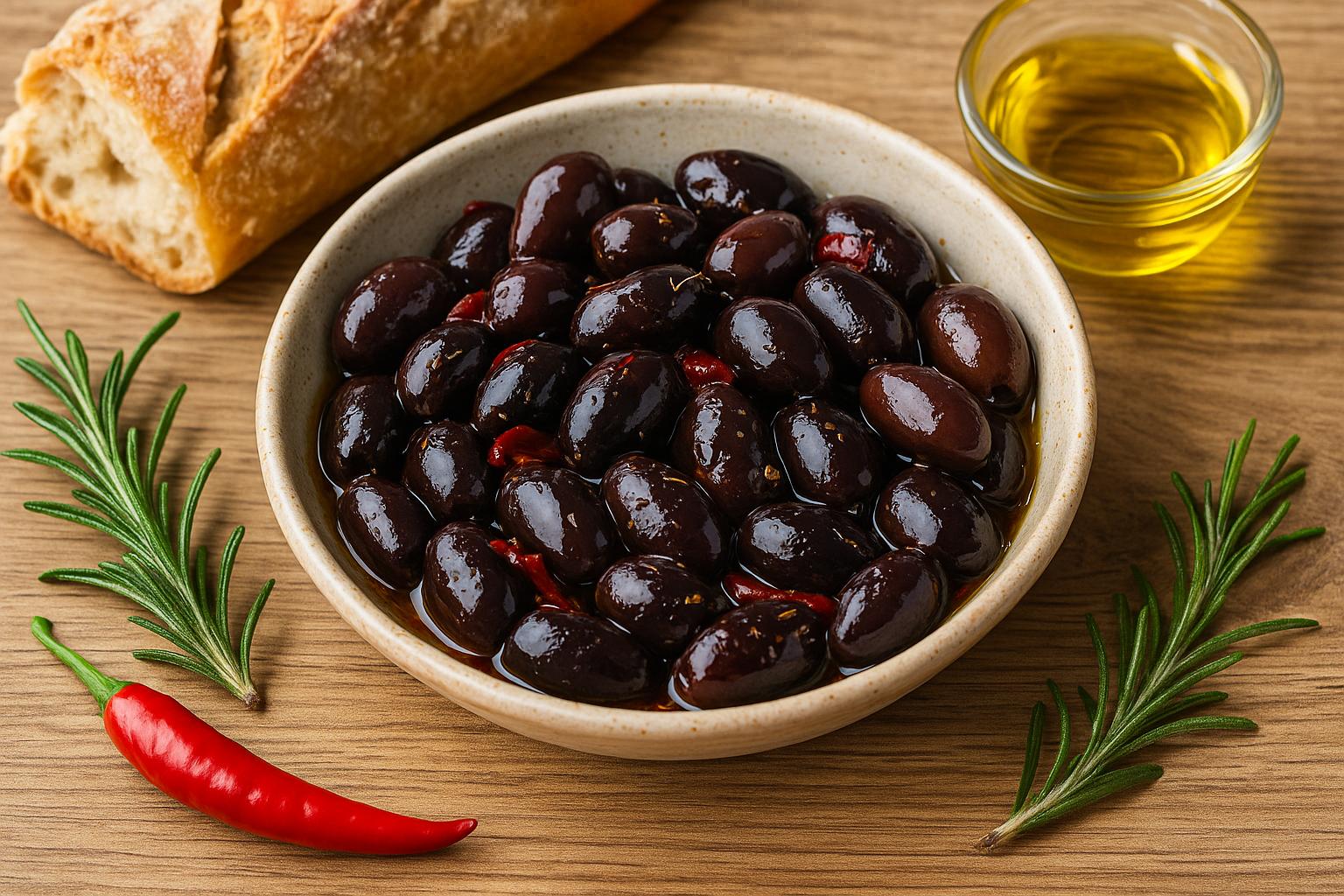 Olive Riviera Denocciolate al Peperoncino – Entsteinte schwarze Oliven mit Chili in Öl