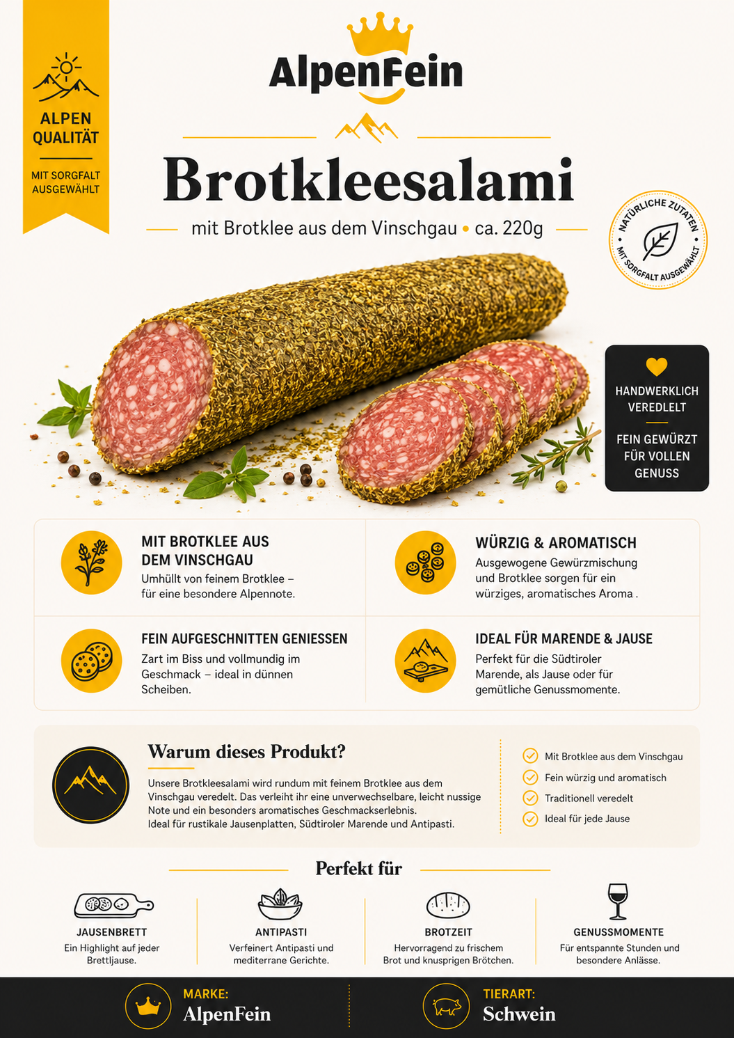 AlpenFein Brotkleesalami mit Brotklee aus dem Vinschgau ca. 230g