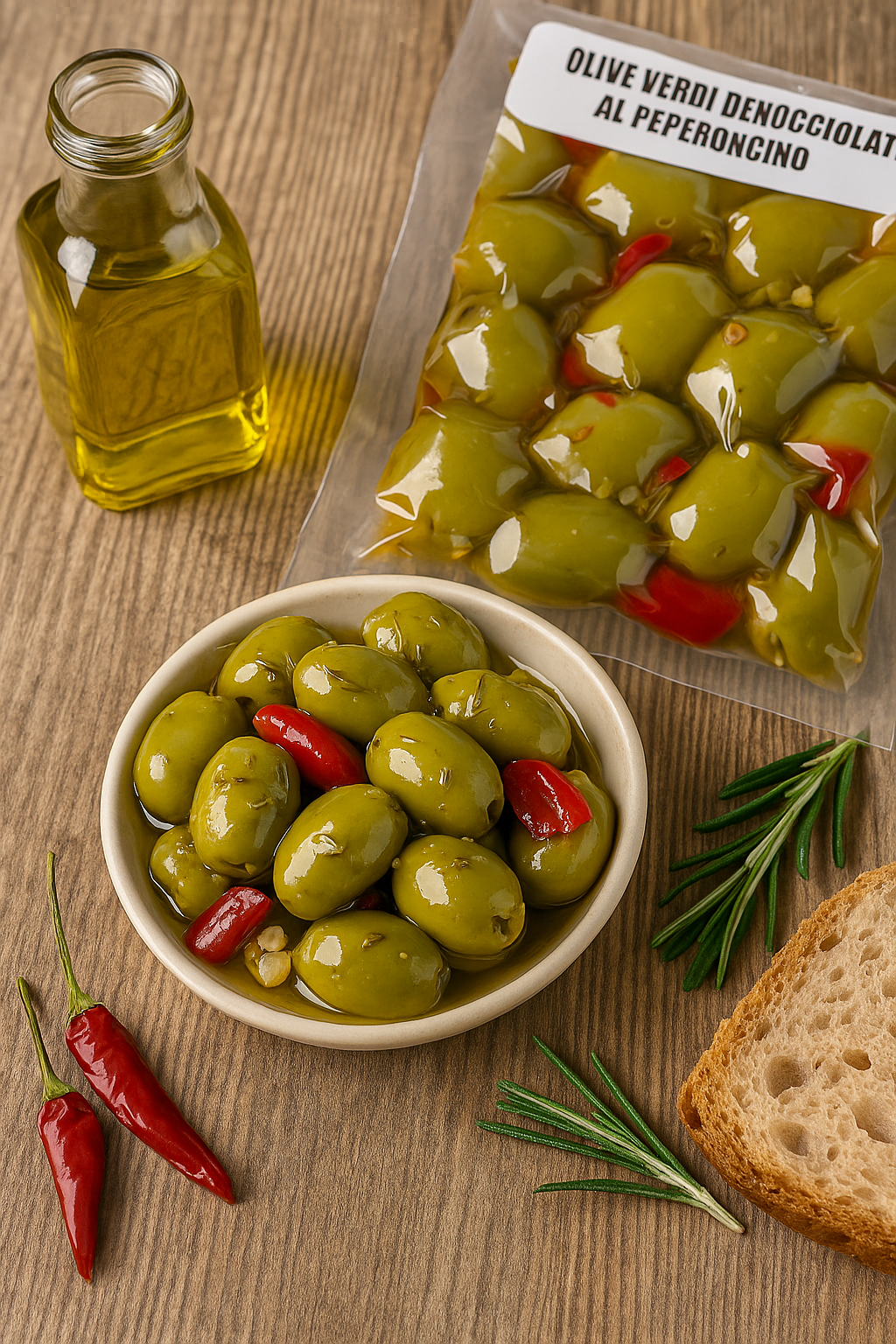 Olive Verdi Denocciolate al Peperoncino - Entsteinte grüne Oliven mit Chili in Öl