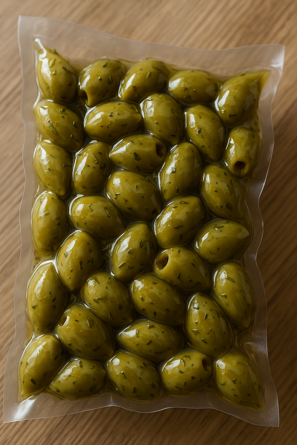 Entsteinte grüne Oliven – mariniert mit Kräutern, Knoblauch & Öl