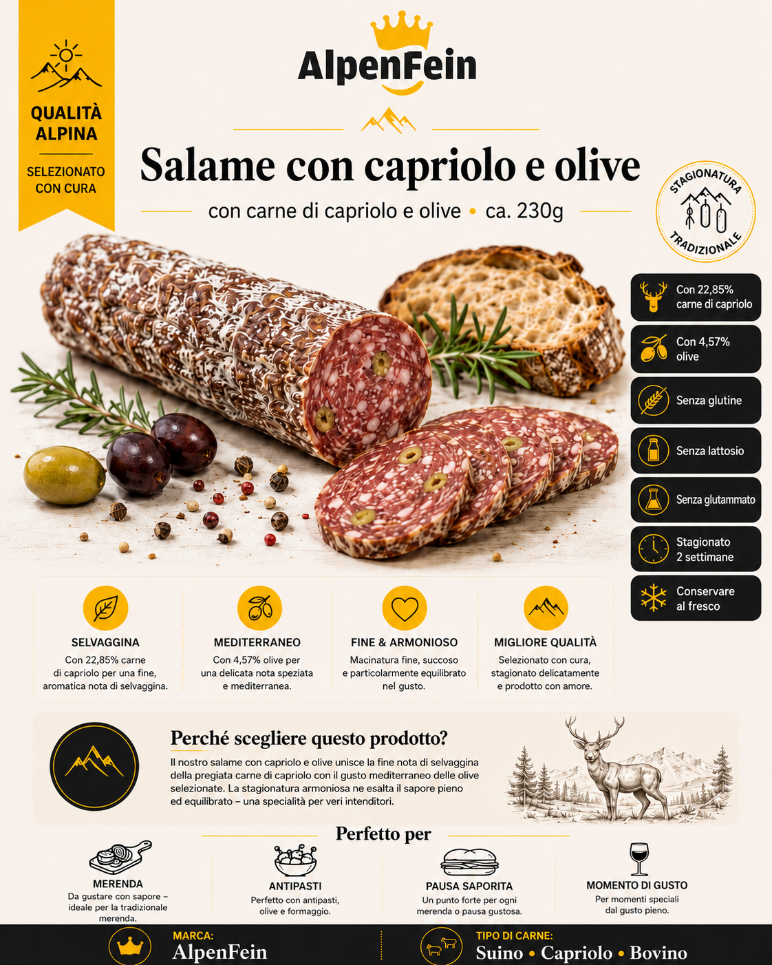 AlpenFein Reh-Oliven-Salami - mit Rehfleisch und Oliven ca. 230g