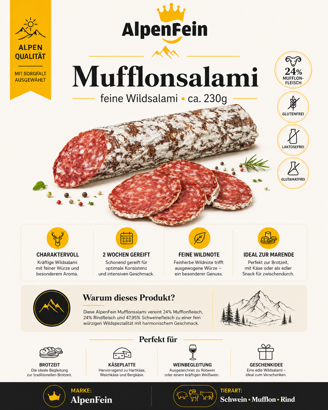 AlpenFein Mufflonsalami - Salami mit Mufflonfleisch aus Südtirol ca. 230g