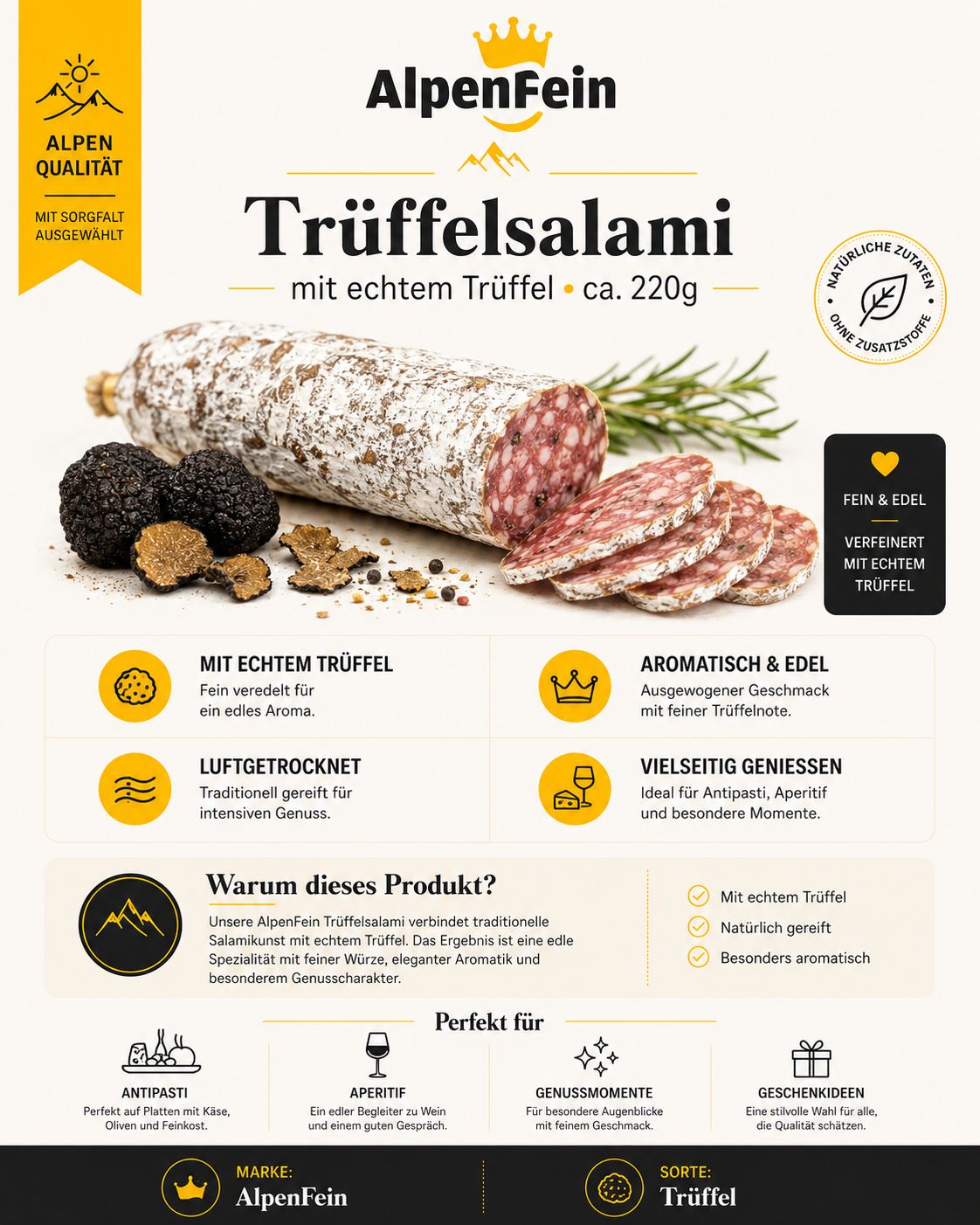 AlpenFein Trüffelsalami – Salami mit schwarzem Trüffel ca. 230g