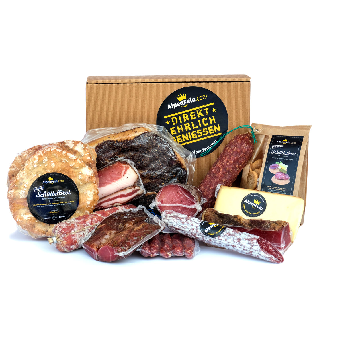Feinkost Geschenkbox "Ein echtes Stück Südtirol" - Speck, Käse, Salami & Schüttelbrot