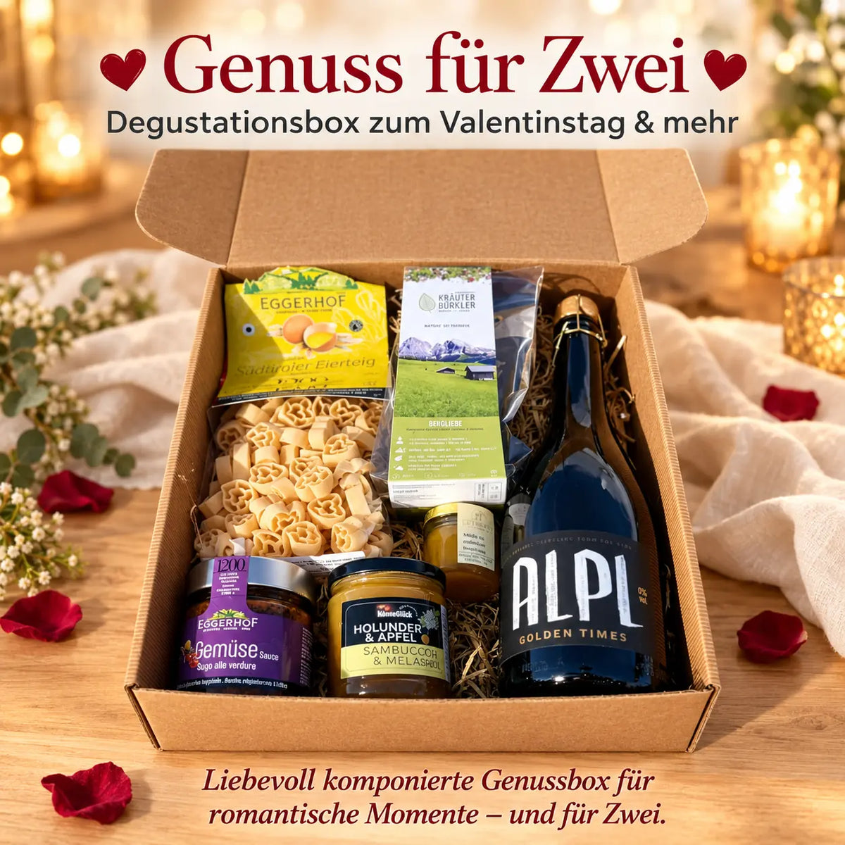 Geschenkbox „Genuss für Zwei“ mit Schaumwein, Südtiroler Herznudeln, Sugo, Fruchtaufstrich, Kräutertee und Honig