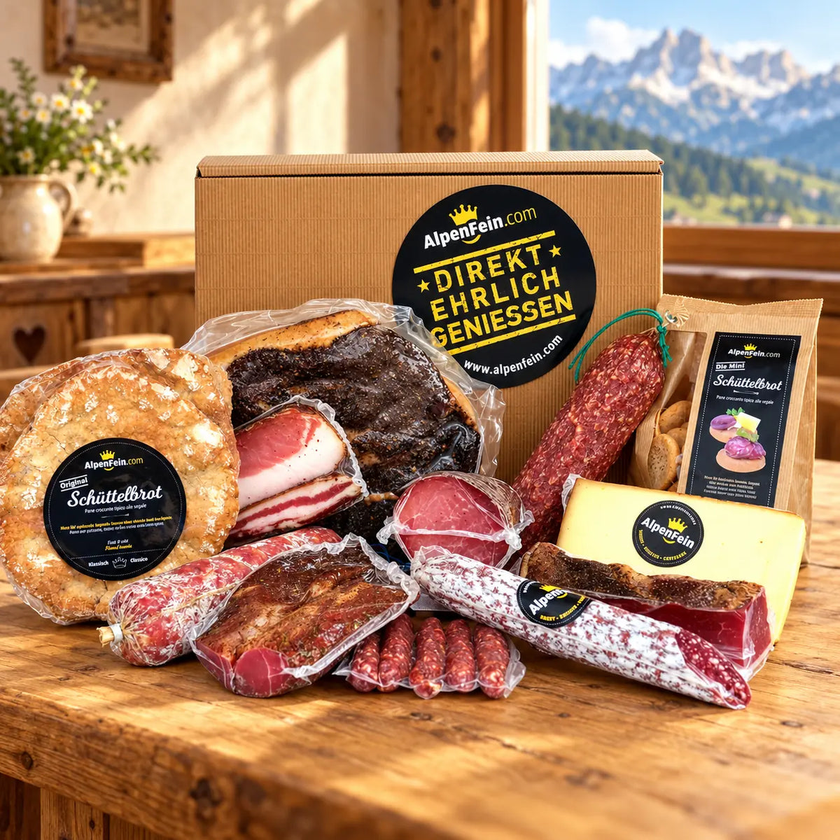 Feinkost Geschenkbox "Ein echtes Stück Südtirol" - Speck, Käse, Salami & Schüttelbrot
