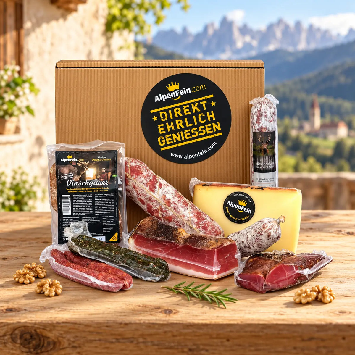 Feinkost Geschenkbox „Das Beste aus Südtirol“ – Speck, Salami, Käse & Vinschgauer im Geschenkkarton