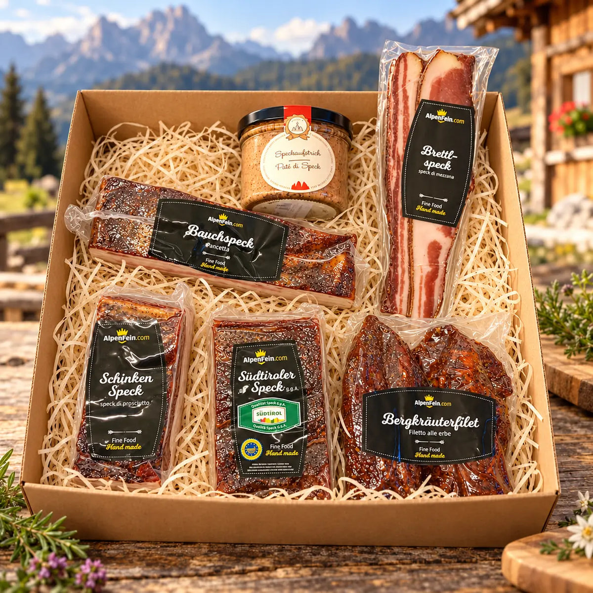 Speck-Degustationsbox „Südtiroler Speckgenuss“ – Brettlspeck, Schinkenspeck, Speck g.g.A. & Bergkräuterfilet
