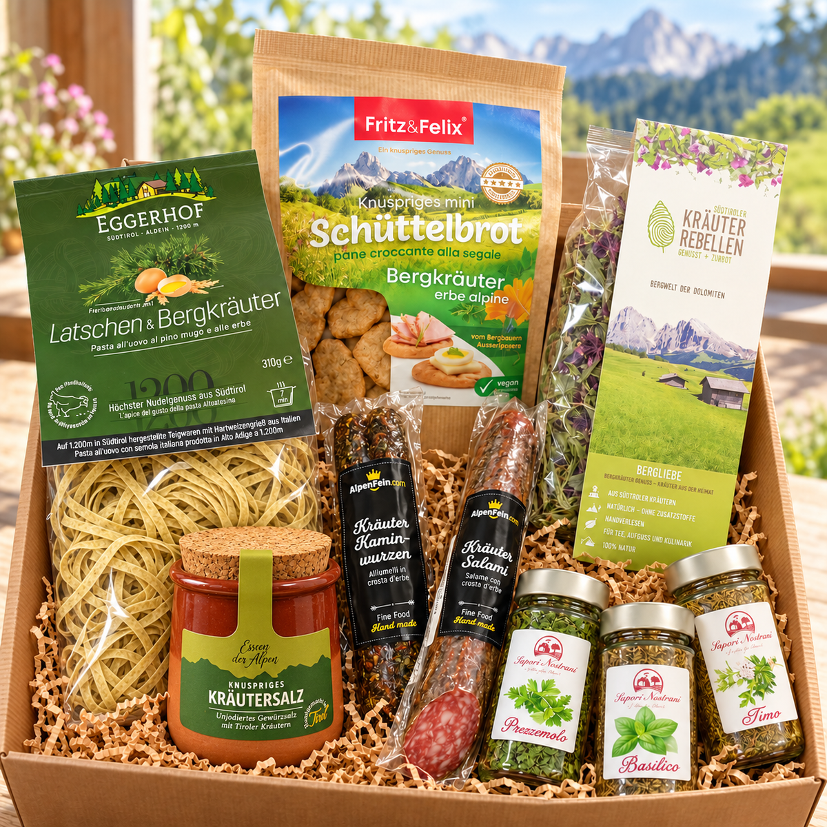 Confezione regalo alle erbe “Magia delle erbe” – sale alle erbe, pasta alle erbe di montagna, salame alle erbe e salsicce da camino
