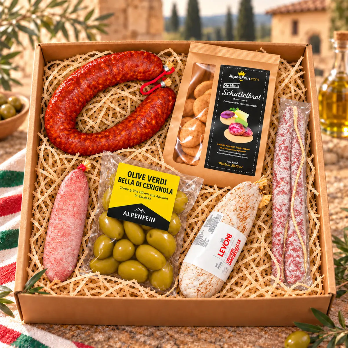 Box regalo “Salami italiani” – Levonetto Ungherese, Cacciatore DOP, salame al finocchio e salsiccia Napoli piccante