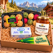 Box di canederli altoatesini – canederli fatti a mano, formaggio a pasta dura, burro e brodo di manzo