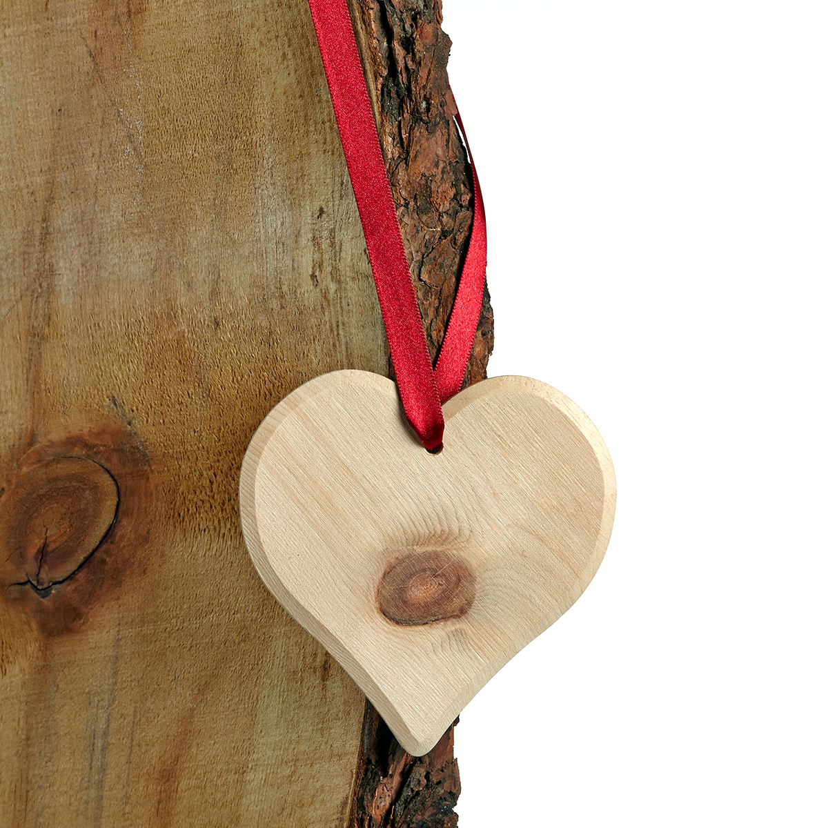 Cuore decorativo in legno di cirmolo con nastro di raso rosso 10 * 10 * 0,5 cm